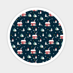 Cabin House and Snowmen Art Pattern Magnet